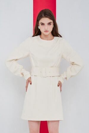 Plain round neck wide belt style dress