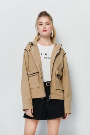 Hooded plain line coat with large pockets