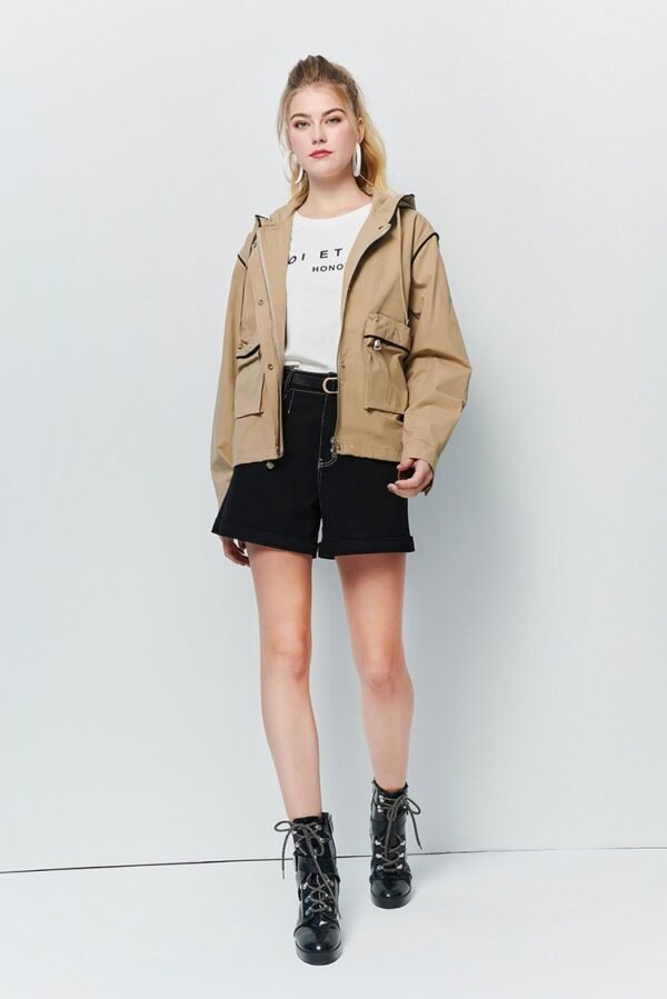 Hooded plain line coat with large pockets