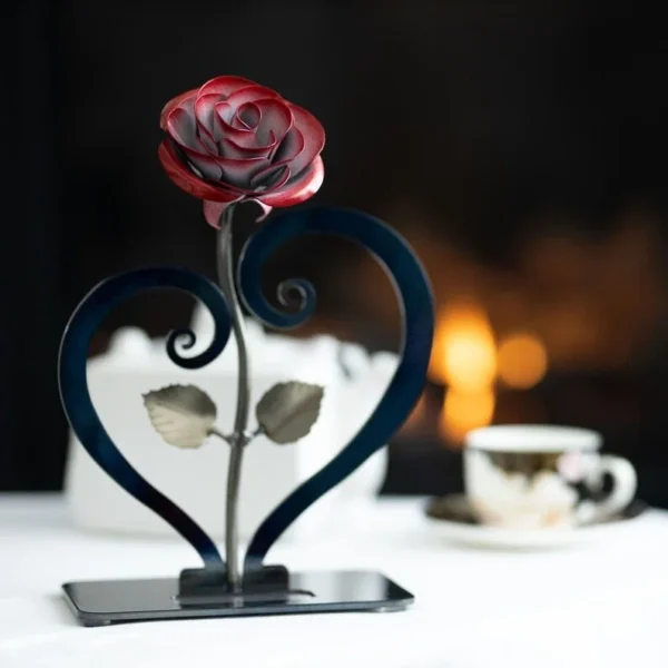 Red Metal Rose with Heart-Shaped Stand