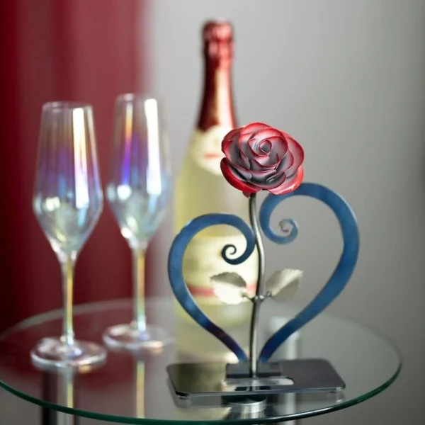 Red Metal Rose with Heart-Shaped Stand